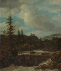 Landschaft mit Wasserfall in der Nähe eines Schlosses